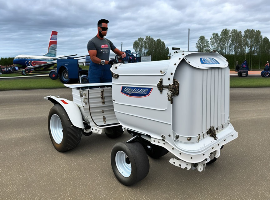 Man in sunglasses drives vintage mini tractor on airfield with airplanes