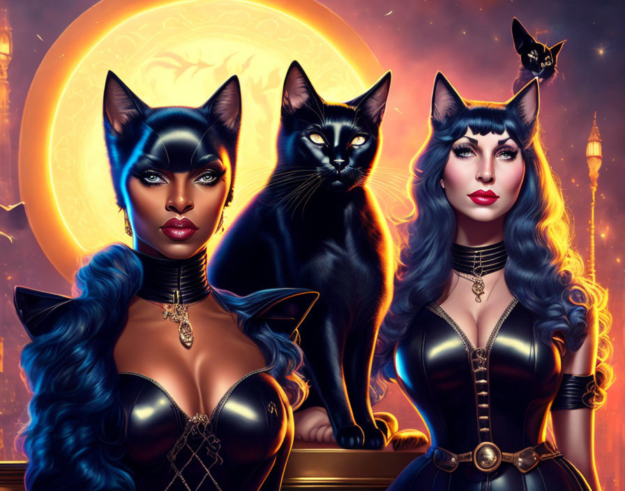 Two women with cat-like features and a black cat under a glowing moon.