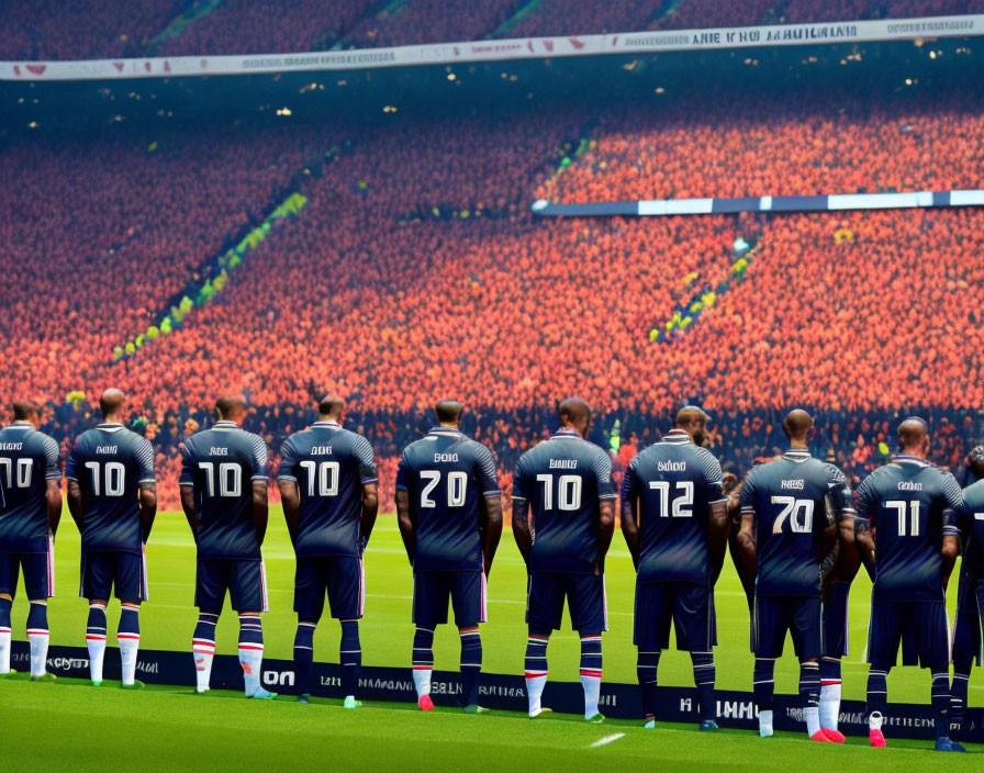 Soccer team in line on field with orange-filled stadium