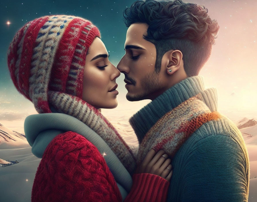 Winter couple digital artwork with snowy twilight landscape