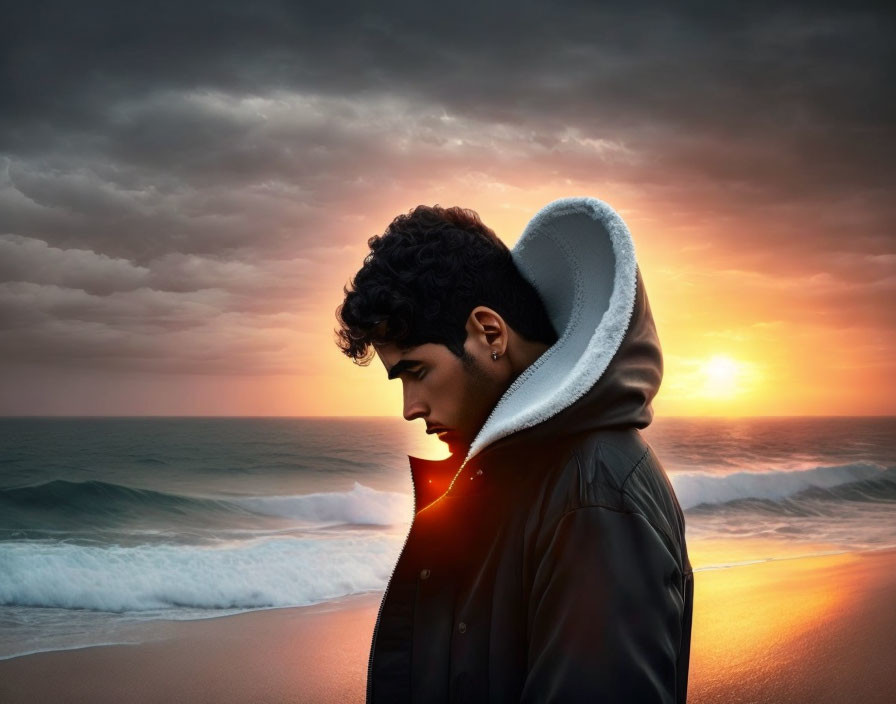 Profile of young man in fur-lined hood jacket at sunset by the shore