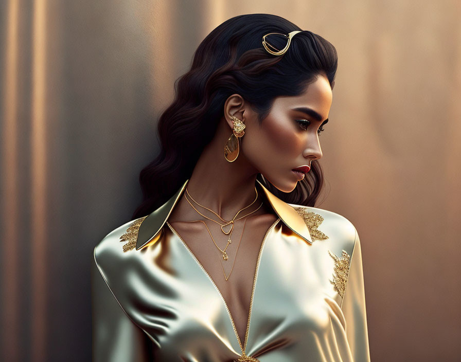 Woman in Stylish Attire with Gold Jewelry on Warm Background