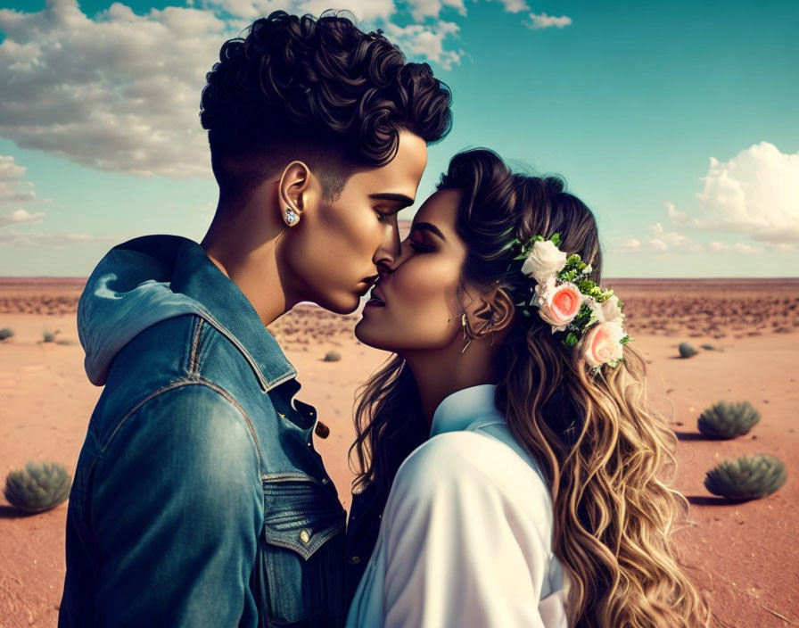 Stylized illustration of couple in denim jacket and floral hair in desert.