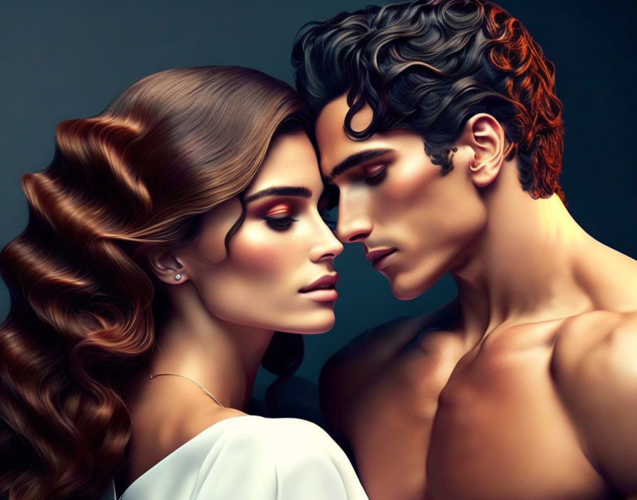 Stylized Man and Woman Digital Artwork with Detailed Hair and Makeup