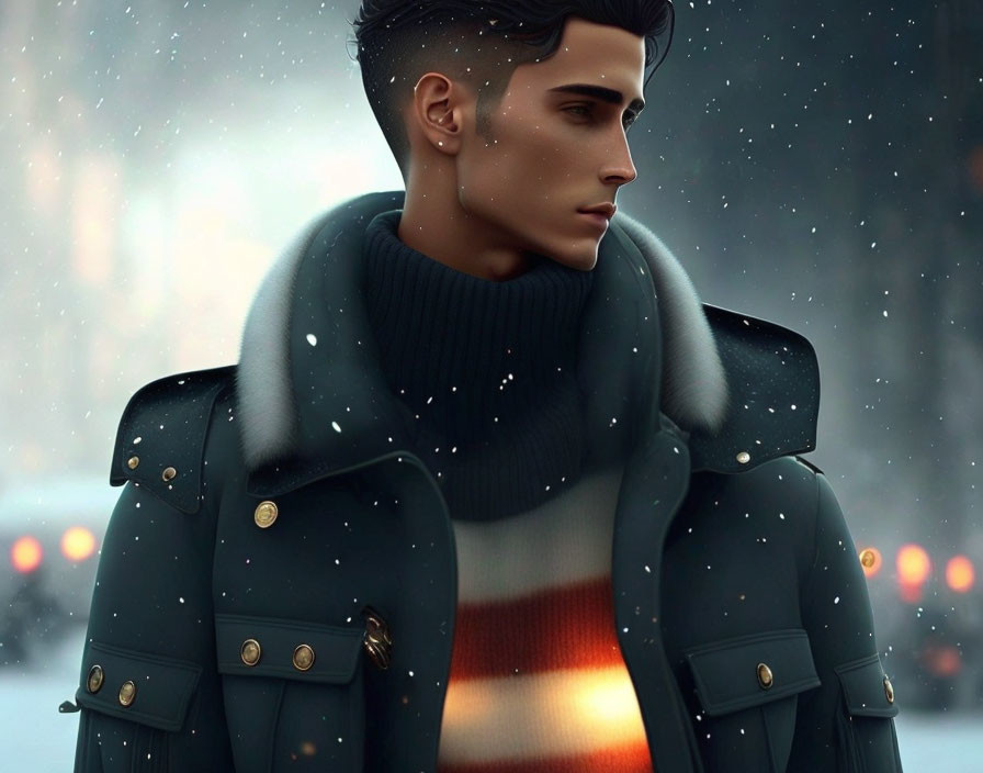 Stylized digital artwork of a man in turtleneck and jacket in snowy scene