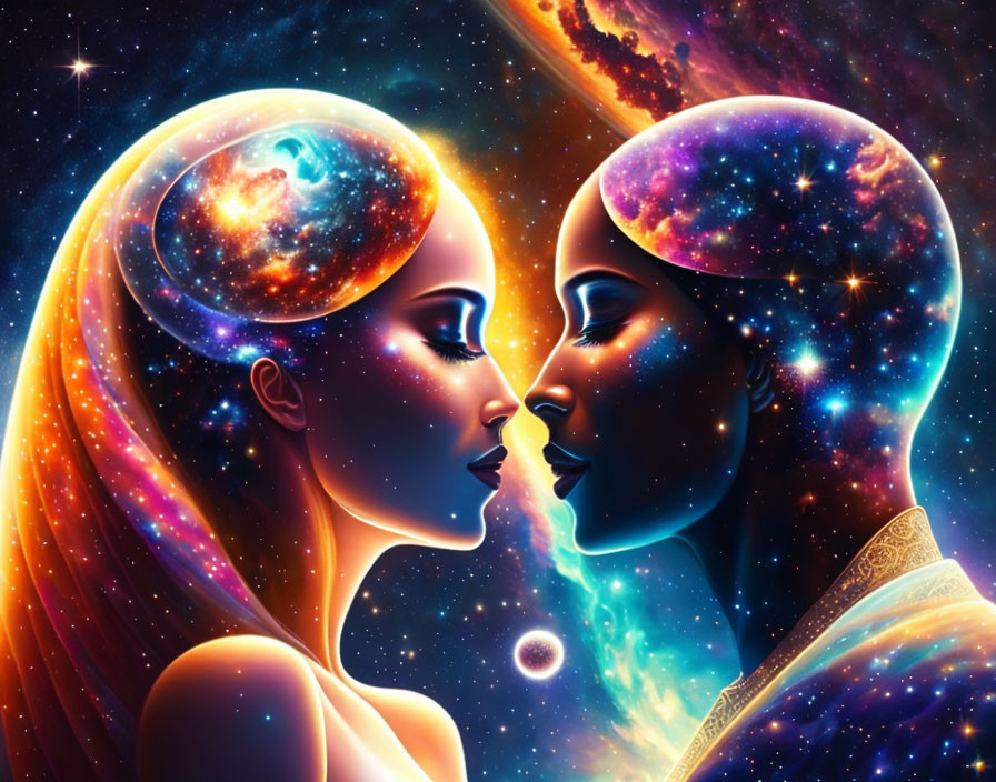 Illustration of ethereal beings with cosmic features leaning in close.