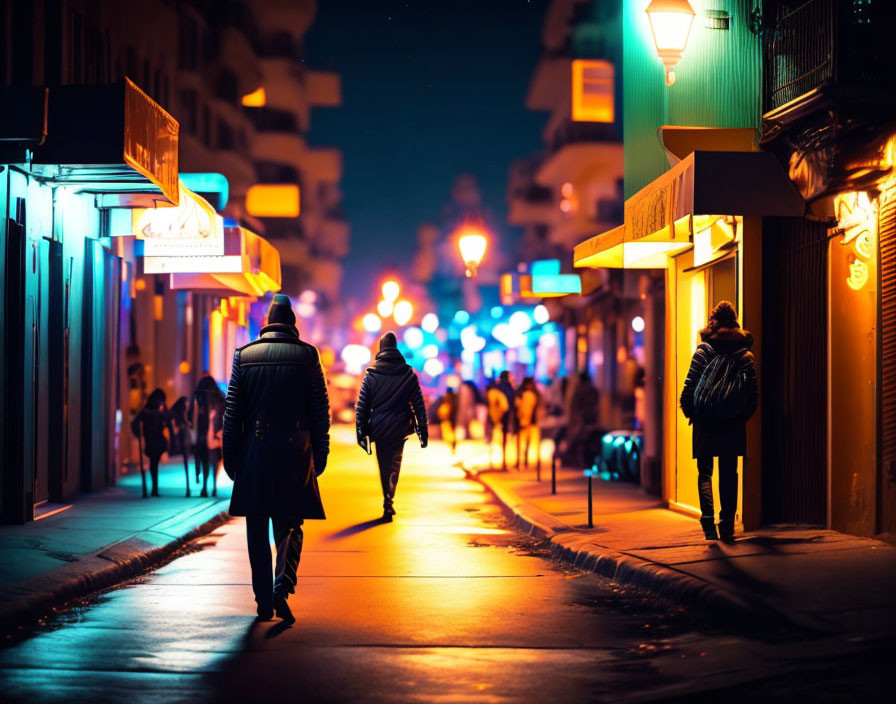 Bustling Night Street Scene with Three People in Warm Clothing