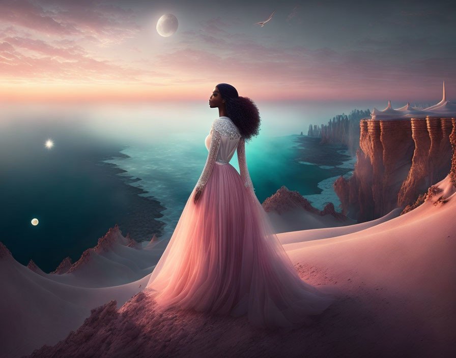 Woman in Pink Gown on Sandy Hill with Surreal Coastal Landscape