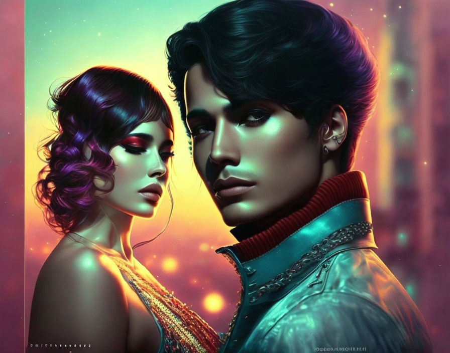 Vibrant digital artwork: stylized man and woman with colorful hair and makeup against cityscape.