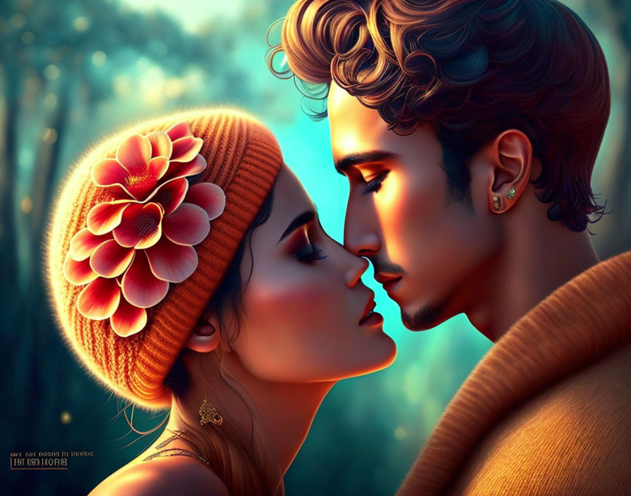 Romantic couple digital illustration with beanie and turtleneck