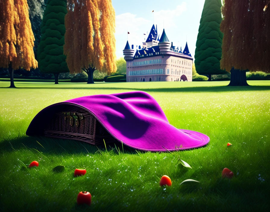 Purple Hat on Railroad Track in Green Field with Castle and Apples