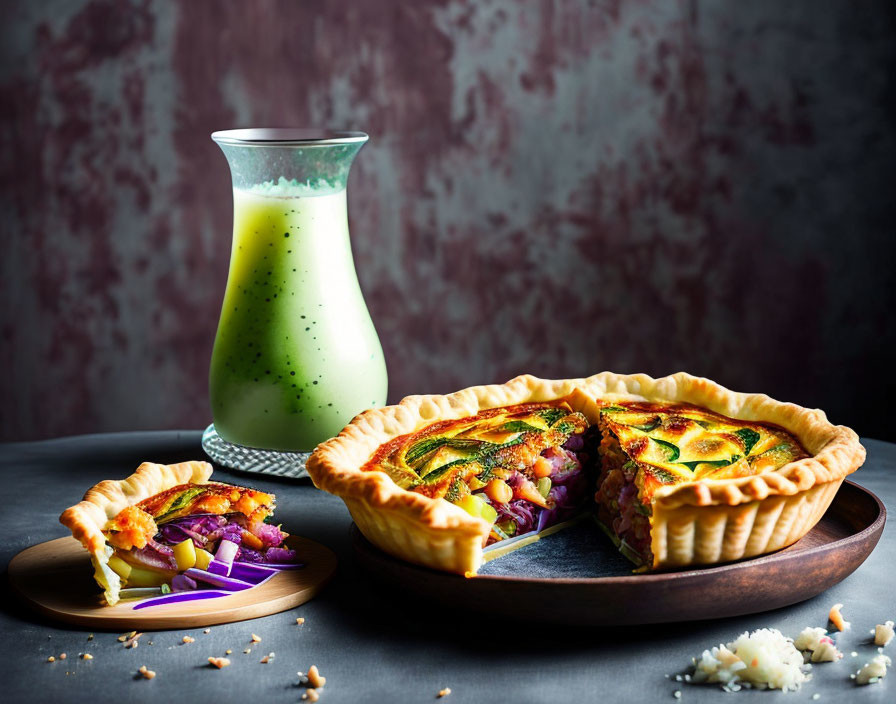 Plate with quiche slices, red onions, and green smoothie jug on rustic table