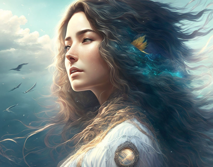 Digital artwork: Woman with flowing hair in cosmic scene with birds and feather