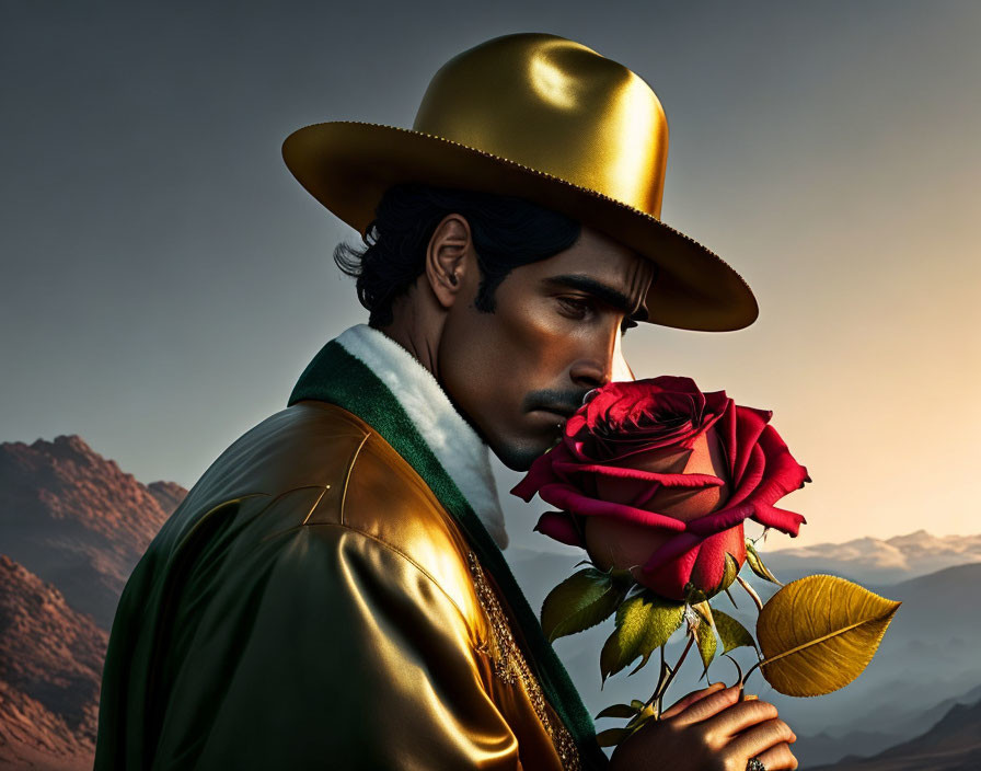 Man in Golden Hat with Red Rose Against Mountain Sunset