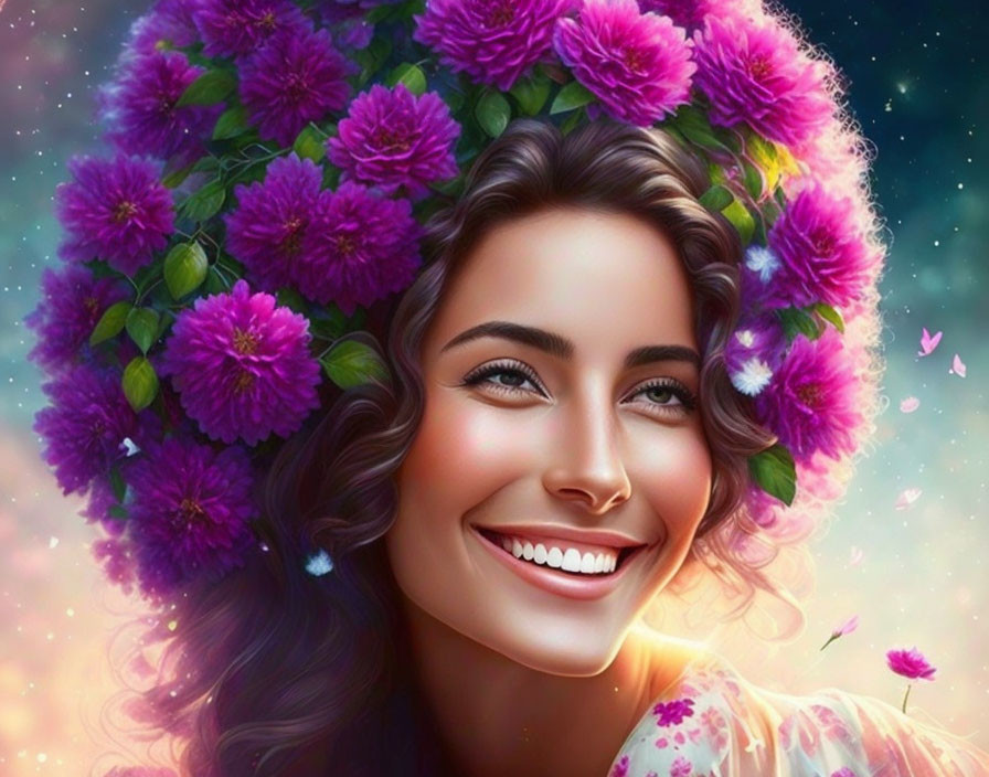 Smiling woman with purple flowers and butterflies in hair on enchanted starry background