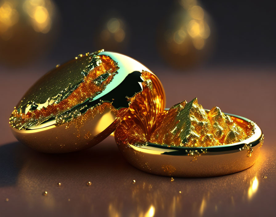 Shimmering golden cracked egg on reflective surface with dark background