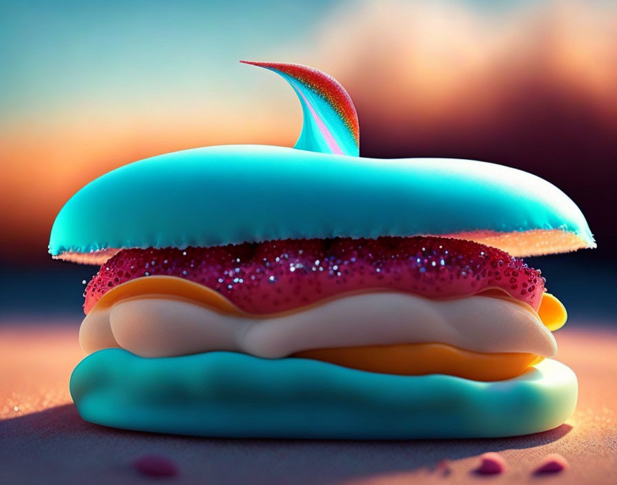 Colorful surreal burger art with glittering patty and rainbow garnish on beach backdrop