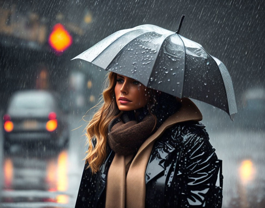 Woman with scarf holding grey umbrella in rainy city scene