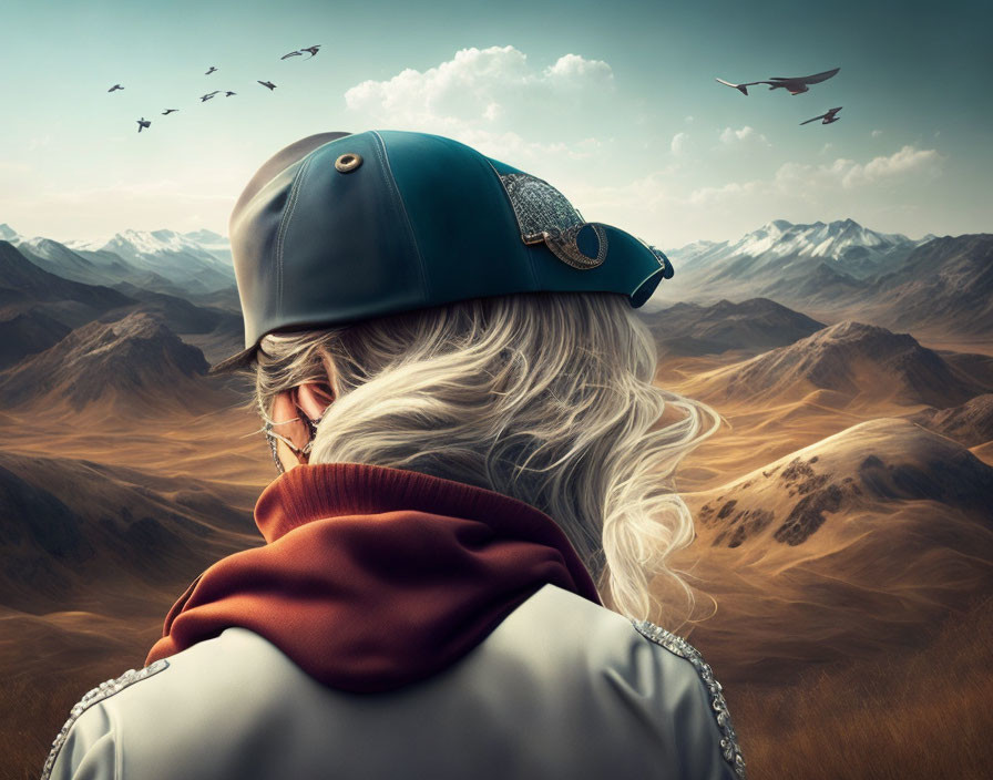 White-Haired Person in Military Cap Observing Desert Landscape