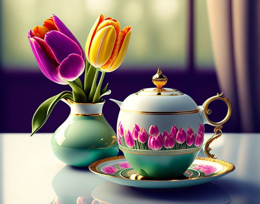 Colorful Porcelain Teapot with Tulip Designs and Fresh Tulips Bouquet