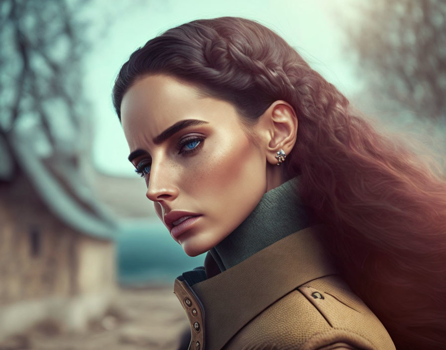 Intense gaze woman with braided hair in turtleneck and coat