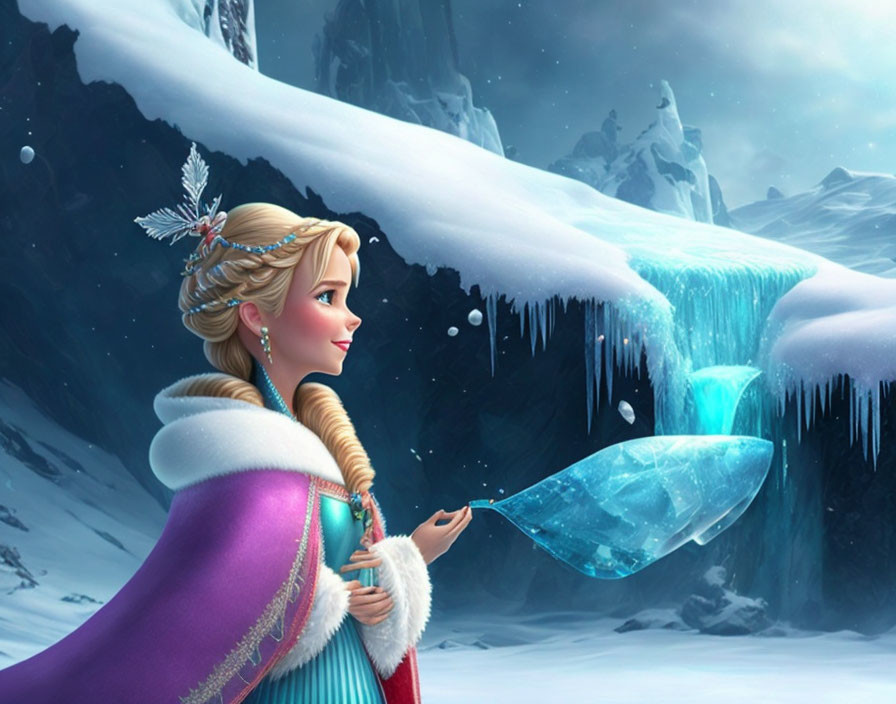 Animated princess with braid holding ice crystal staff near snowy mountain & glowing ice bridge