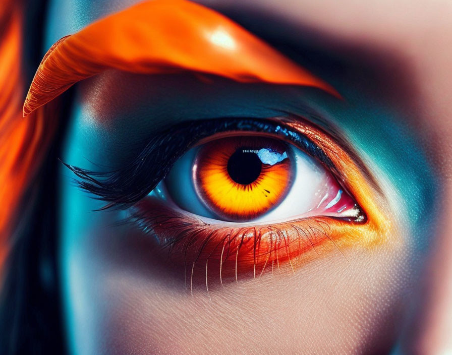 Detailed vibrant eye with orange and blue makeup and feather-like accents.