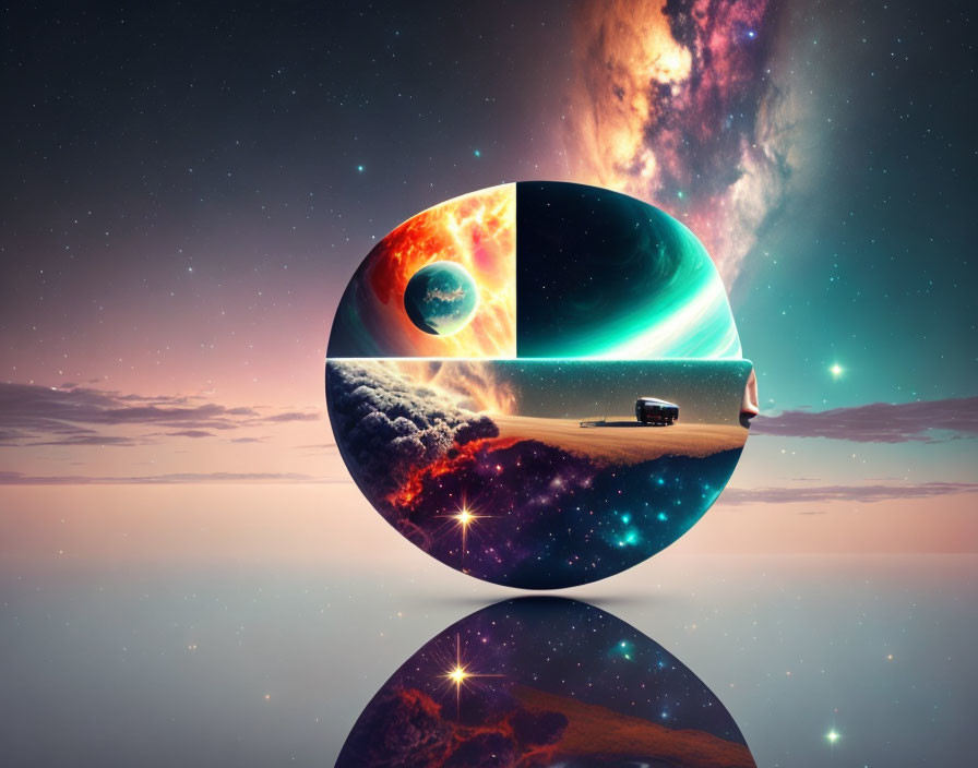 Circular cosmic collage with planets, stars, and galaxy on reflective surface