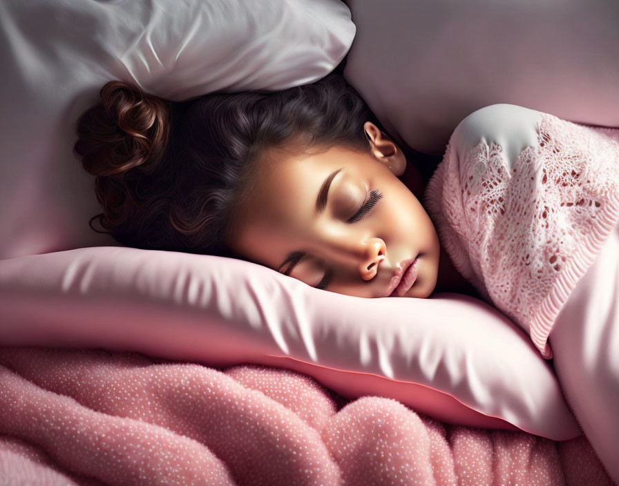 Young girl peacefully sleeping in pink bedding with cozy blanket.