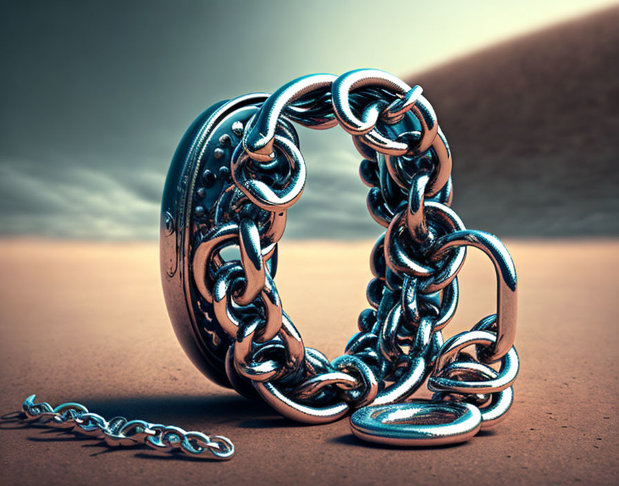 Metal Möbius Strip Chain on Sandy Surface at Dusky Sky