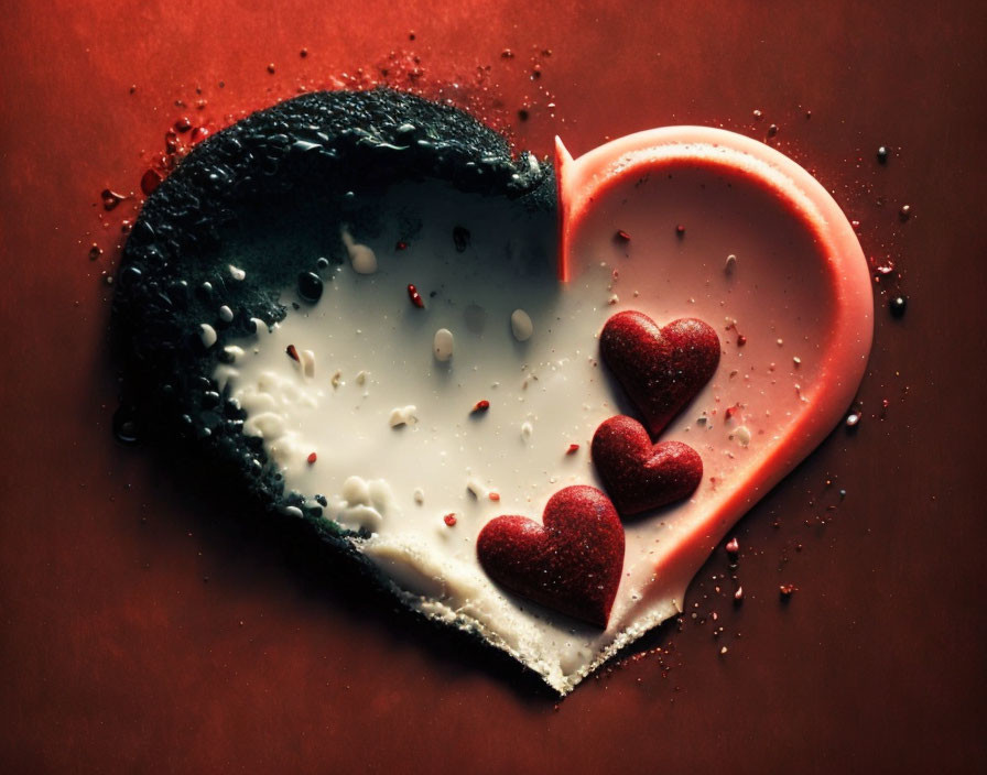 Heart-shaped object split in two halves: black with sprinkles and red with smaller hearts, on textured