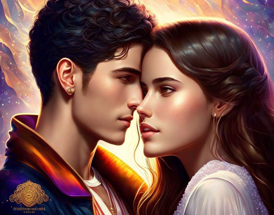 Young Couple Digital Painting Against Cosmic Backdrop