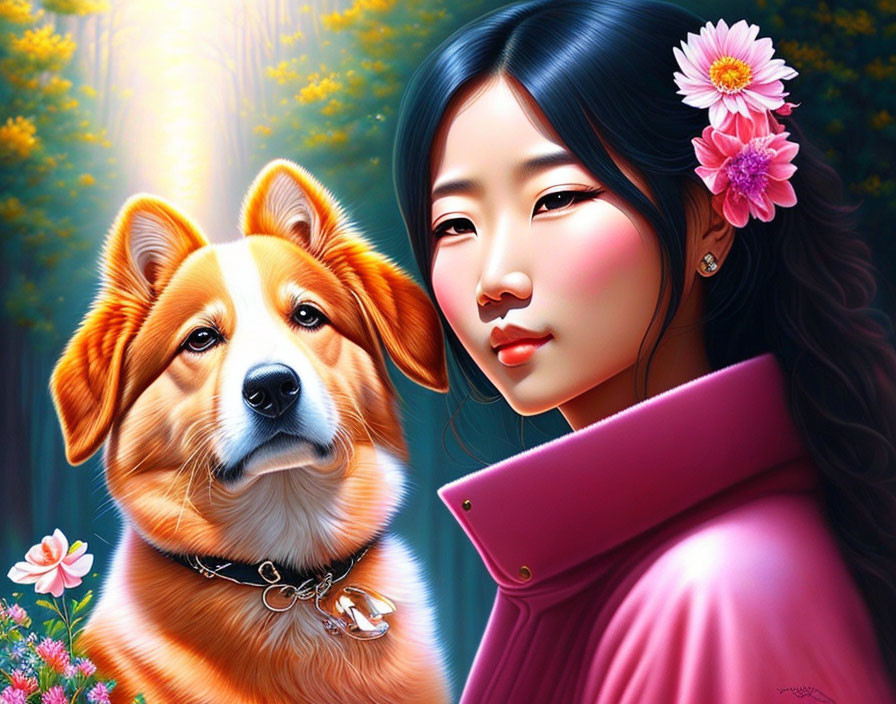 Digital artwork featuring woman with pink flower, dog, and floral background