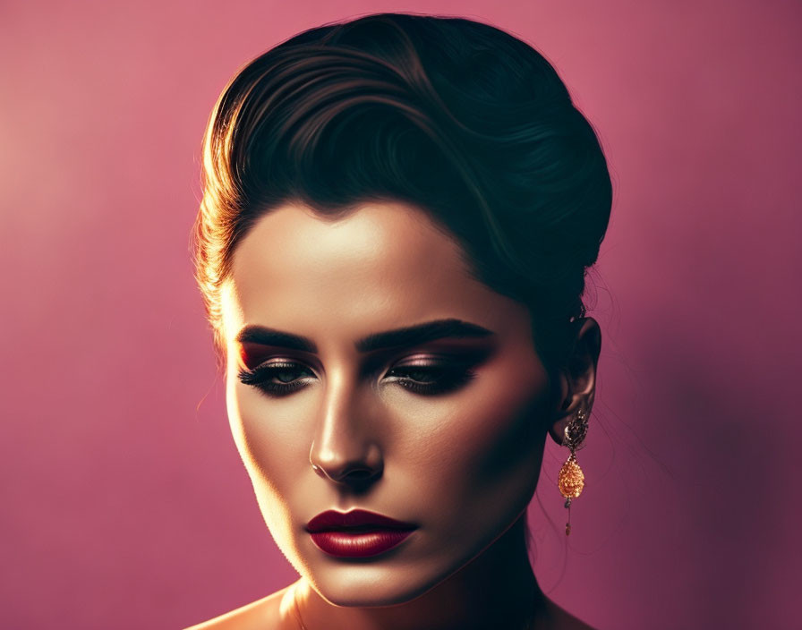 Vintage Hairstyle Woman with Dramatic Lighting and Earring on Pink Background