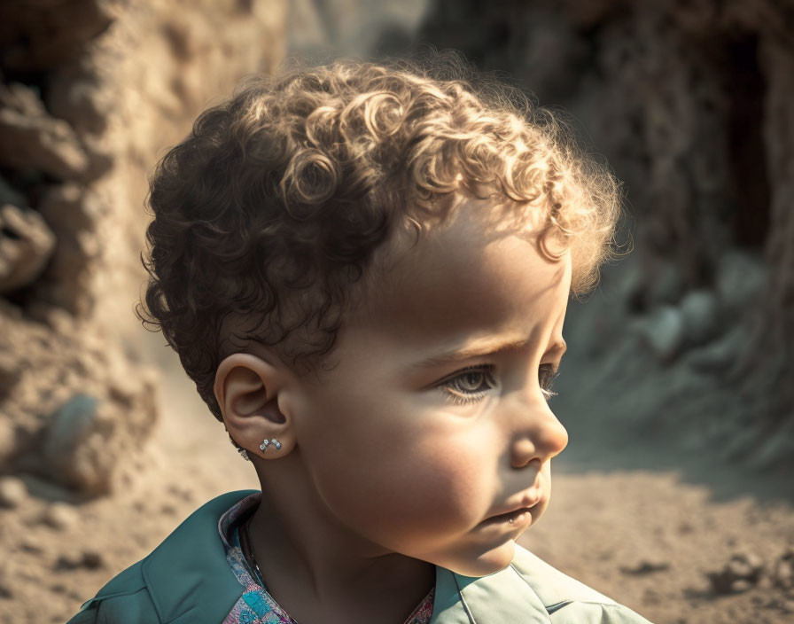 Curly-Haired Toddler with Earring in Soft Sunlight and Rocky Background