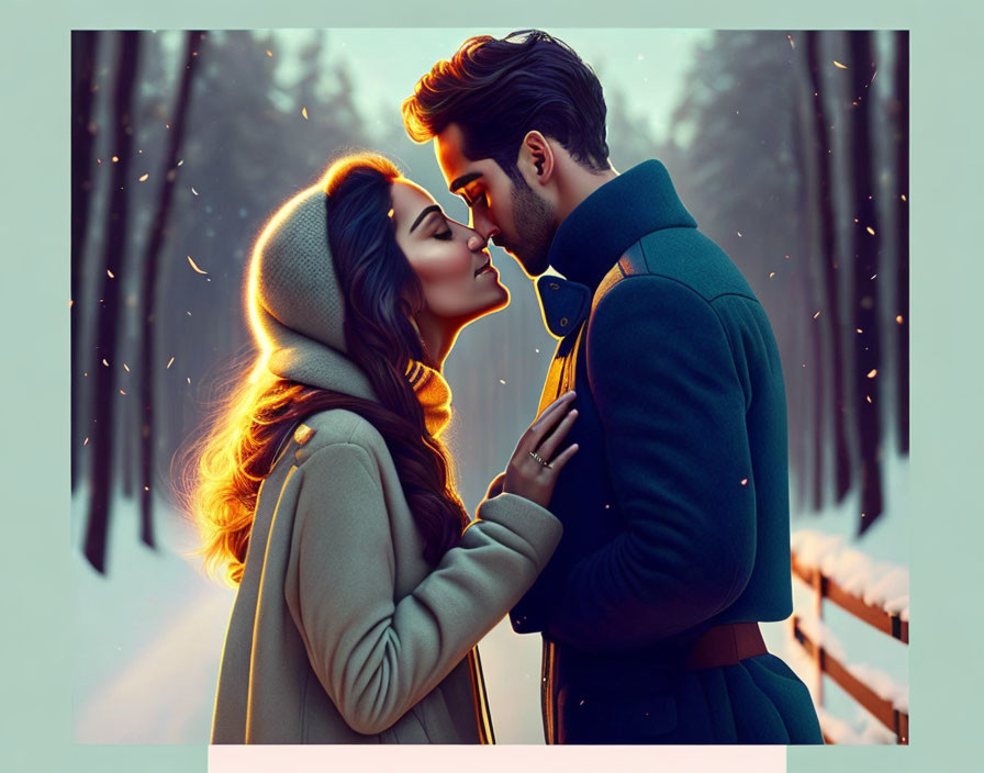 Illustrated couple kissing in snowy evening with glowing embers