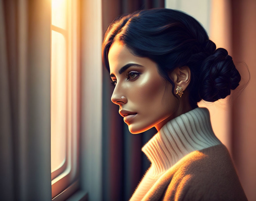 Dark-haired woman in turtleneck and earring gazes out window with soft light.