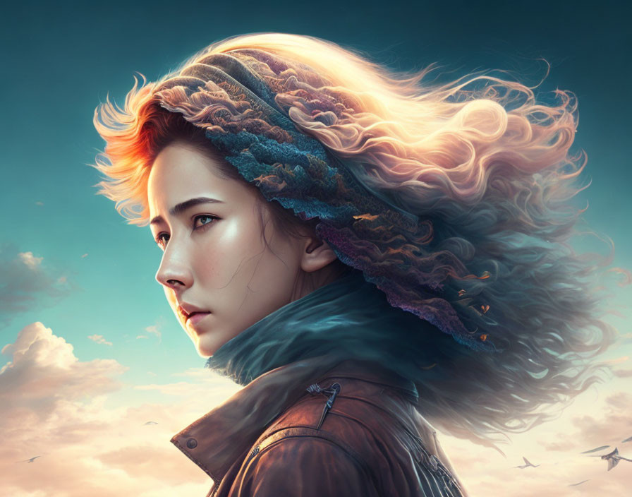 Digital artwork: Young woman with flowing hair and textured headband under sunset sky.