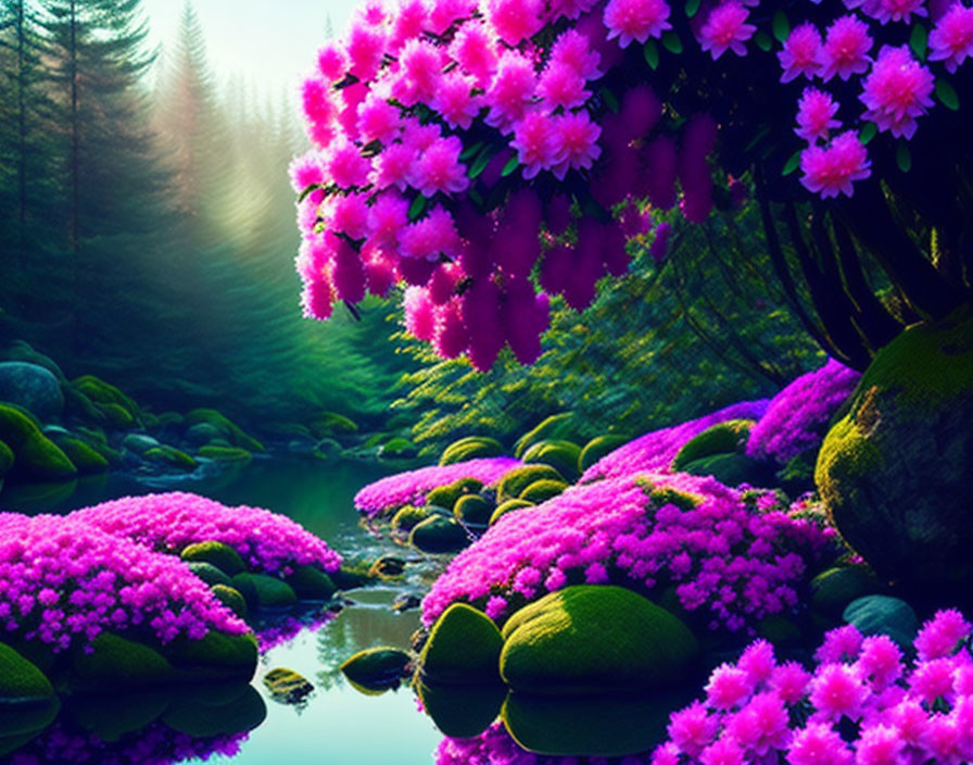 Tranquil landscape with pink flowers in stream and lush forest