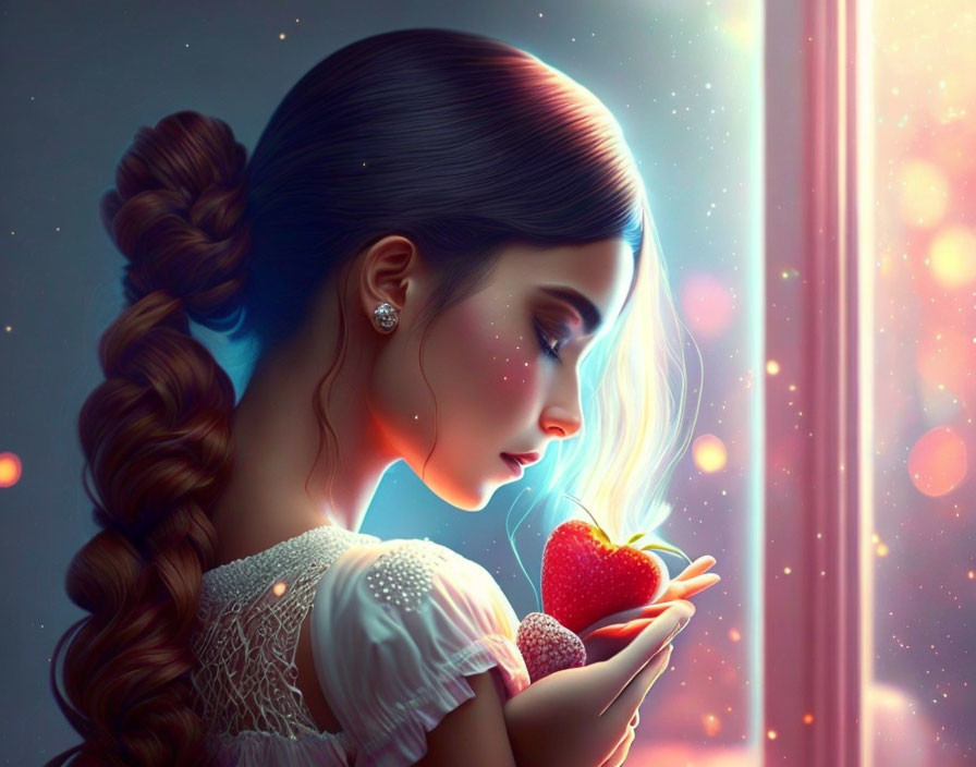 Digital artwork: Woman with long braid holding glowing strawberry in starry twilight setting