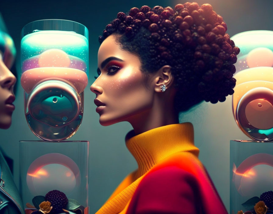 Woman with Afro Hairstyle and Vibrant Makeup Near Glass Containers with Stylized Fish