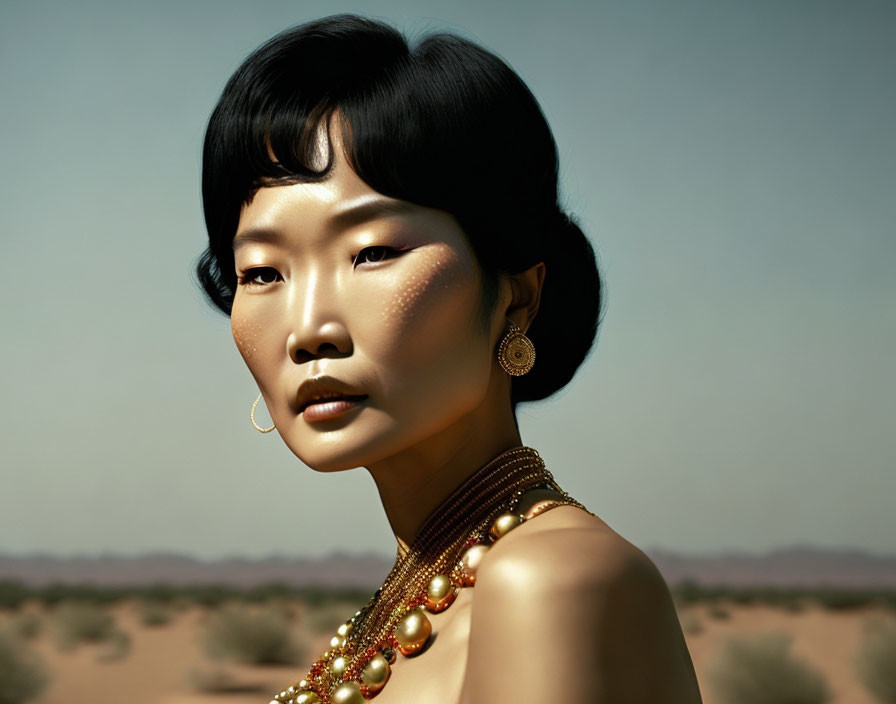 Woman with Short Black Hair and Prominent Jewelry in Desert Portrait