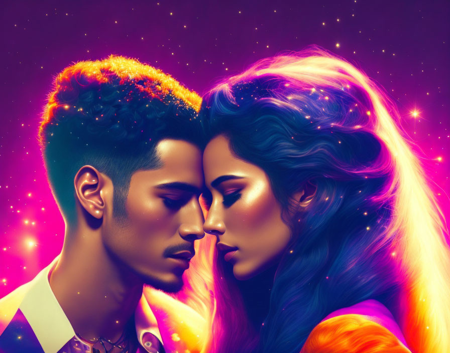 Digital art: Man and woman with cosmic hair touching foreheads in starry scene