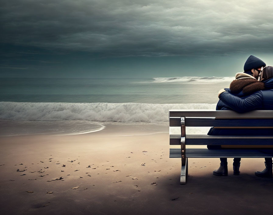 Two individuals on beach bench under overcast sky.