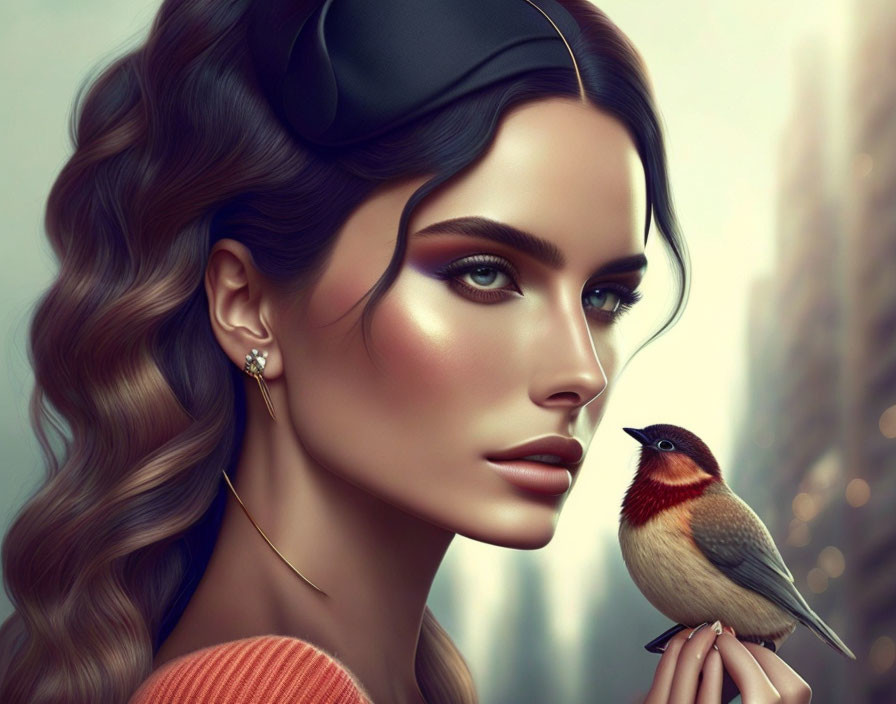 Digital illustration of woman with wavy hair and beret, gazing sideways with bird.