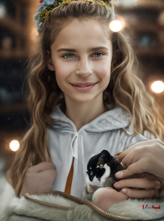 Young girl with festive wreath holding puppy in soft light & bokeh