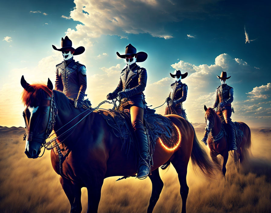 Three cowboys on horses in desert with dramatic sky, wearing traditional Western outfits.