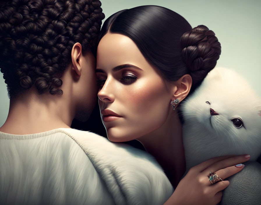 Romantic couple with white fluffy cat in arms illustration