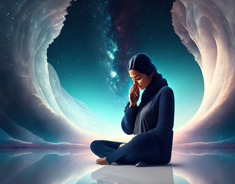 Contemplative woman between wave-like formations under starry sky