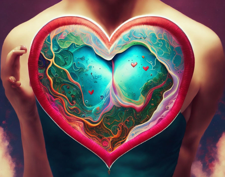 Colorful heart-shaped portal on person's chest revealing vibrant cosmos